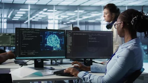 Woman Leaving Desk After Finishing Programming Tasks in AI Data Center