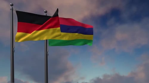 Germany and Mauritius Flags Waving Realistically in 3D