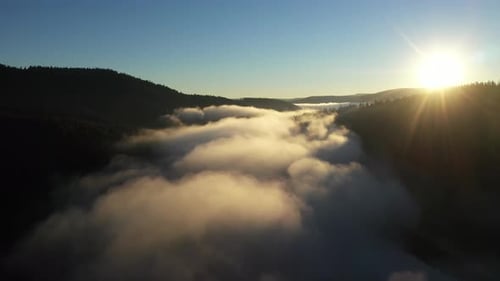 Slow motion aerial view of a misty lake. Dawn dark lights during sunrise, cold weather. Flying over