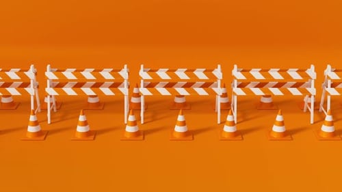 Moviéndose por una línea de conos de tráfico anaranjados y una barrera sobre fondo naranja, visión de ángulo alto y seguridad