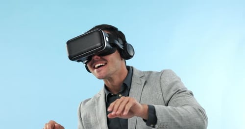 Business man, glasses and virtual reality software for real estate tour