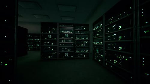 Big Data Dark Server Room with Bright Equipment