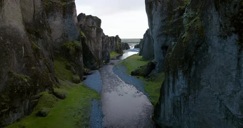 Scenic Landscape Of Fjadrargljufur Canyon In Iceland - Aerial Drone Shot