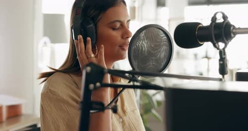 Brazil, singer or woman with microphone in studio for music, jazz or audio production for concert