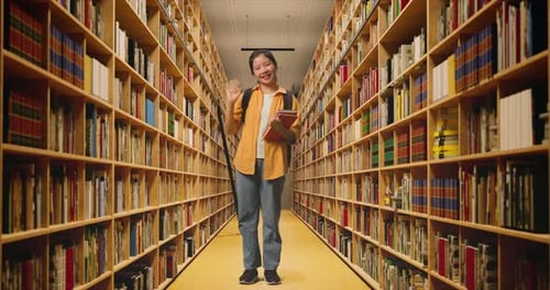 Full Body Of Asian Woman Student Smiling And Waving Hand Saying Good Bye In The Library