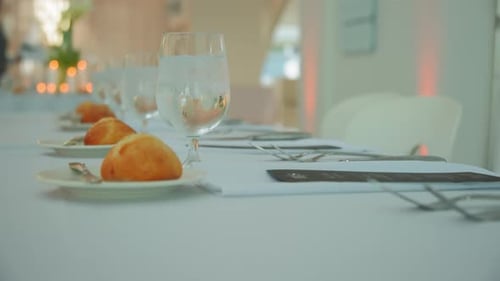 Restaurant Banquet Table Set Up Served Dinner Tableware and Silverware on Event Move Camera Shot