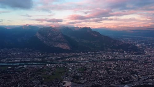 Pan shots of the city of Grenoble by Drone. General aerial shot of the city of Grenoble.