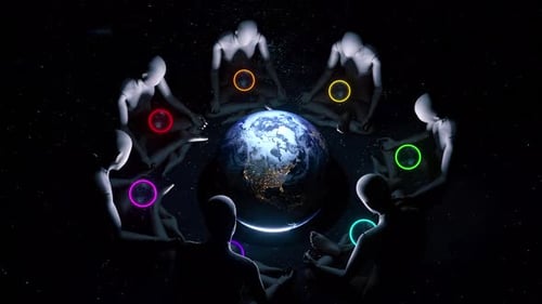 Figures Meditating Around Earth with Cosmic Energy Flow