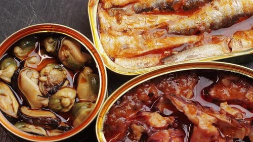 Canned Seafood Still Life with Mussels and Sardines