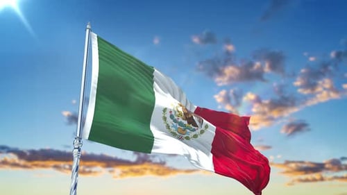 Realistic Mexican Flag Waving in Blue Sky