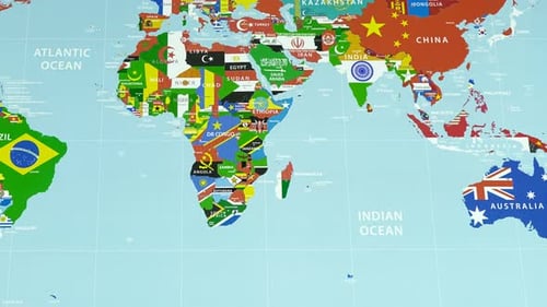World Map Showing National Flags