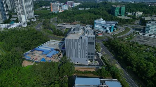 data center building cloud cyber cloud technology infrastructure. Fantastic aerial view drone