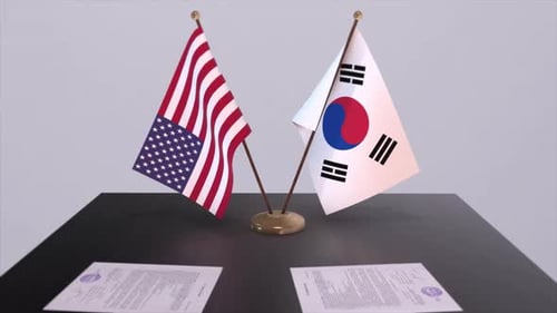 South Korea and USA at the negotiating table, a diplomatic deal. Business and politics animation