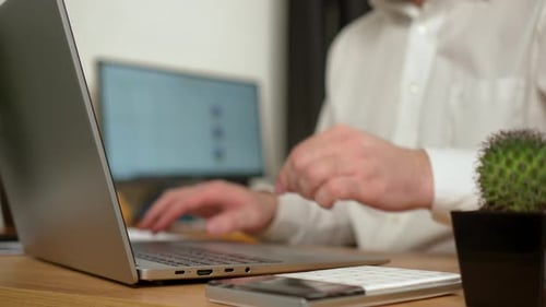 Man Open Laptop Close Up Typing on Keyboard Businessman Browsing Internet and Searching Customer