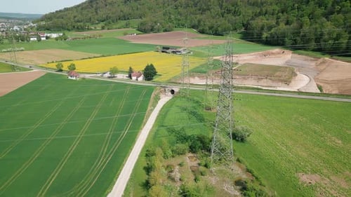 High voltage power substations. Transmission tower with electrical substations