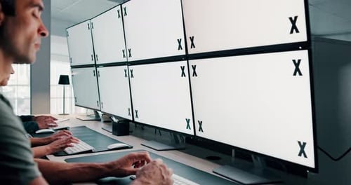 Typing, mockup space and people by computer screen in office for online research with data