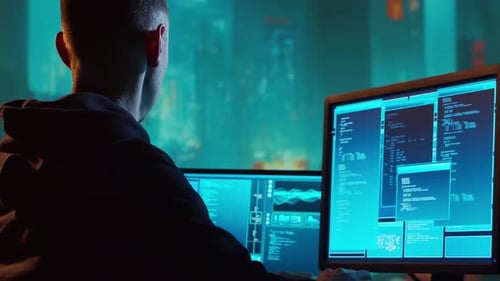 Focused Young Adult Coding at Computer at Night