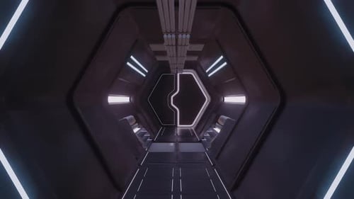 Der Korridor der Science-Fiction-Raumstation oder ein futuristisches Raumschiff, das Türen zum Universum öffnet, springt ins All