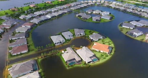 Hurricane Flooded Homes in Residential Community in Florida USA Aftermath of Natural Disaster