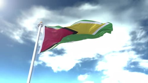 Realistic Guyana Flag Waving in Blue Sky