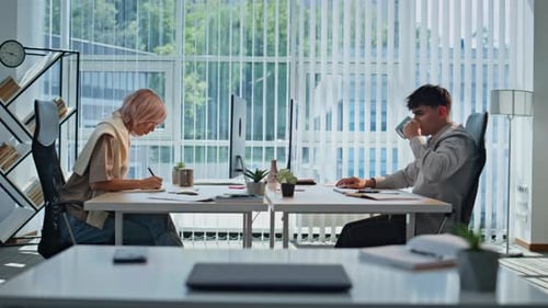 Involved Managers Sitting Workplace Panoramic Office Indoors Coworkers Working
