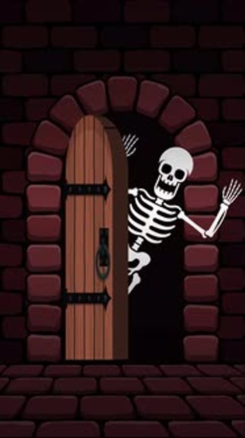 Skeleton scares peeking out from behind door in stone wall