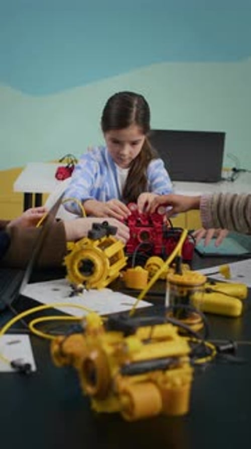 Asian Girl Building Robot Model during Robotics Lesson