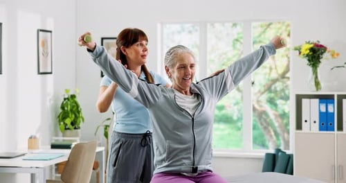 Healthcare, weights and physical therapist with senior woman in clinic with recovery
