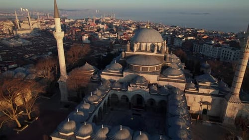Beyazit Mosque Domes and Minarets at Sunset Light