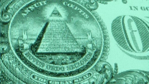 All Seeing Eye of the New World Order and Pyramid on Usa Dollar Banknote Conspiracy Theory Concept