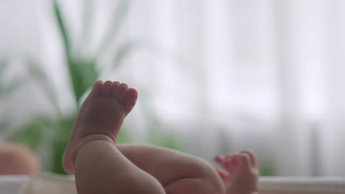 Babys Tiny Feet and Hands Close Up Mom and Baby Playing at Home Baby Lies on a Soft Surface Bathed