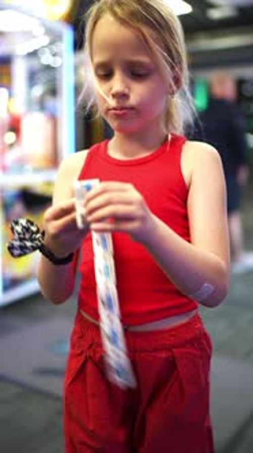 Young Girl Focused on Unrolling a Colorful Ticket Strip in a Vibrant Arcade Setting