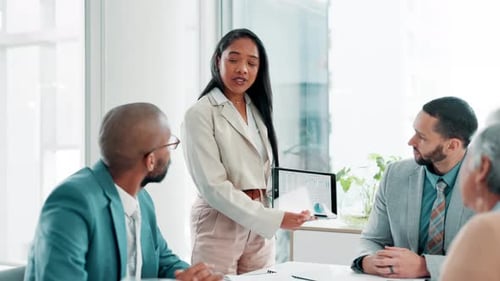 Meeting, charts and businesswoman with tablet screen in office for presentation