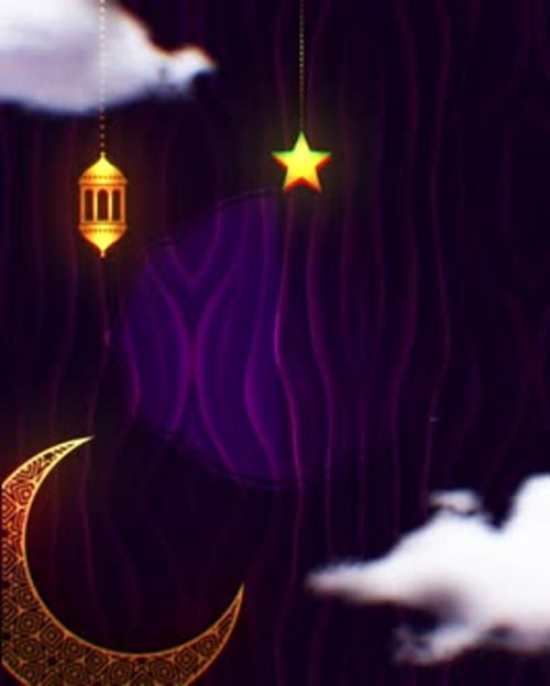 Elegant Ramadan Eid Night Sky with Golden Crescent Moon and Lantern Animation
