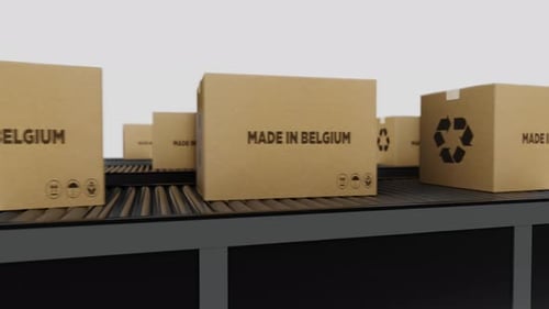 Stream Of Boxes Labeled 'Made In The Belgium' Moving On a Conveyor Line