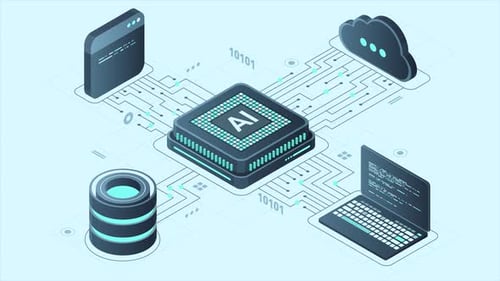 Isometrische Chip-Animation mit künstlicher Intelligenz. Server für künstliche Intelligenz