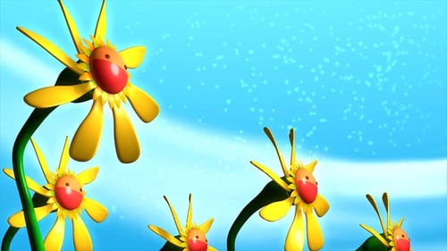 Cheerful Animated Cartoon Flowers Waving in a Magical Sky