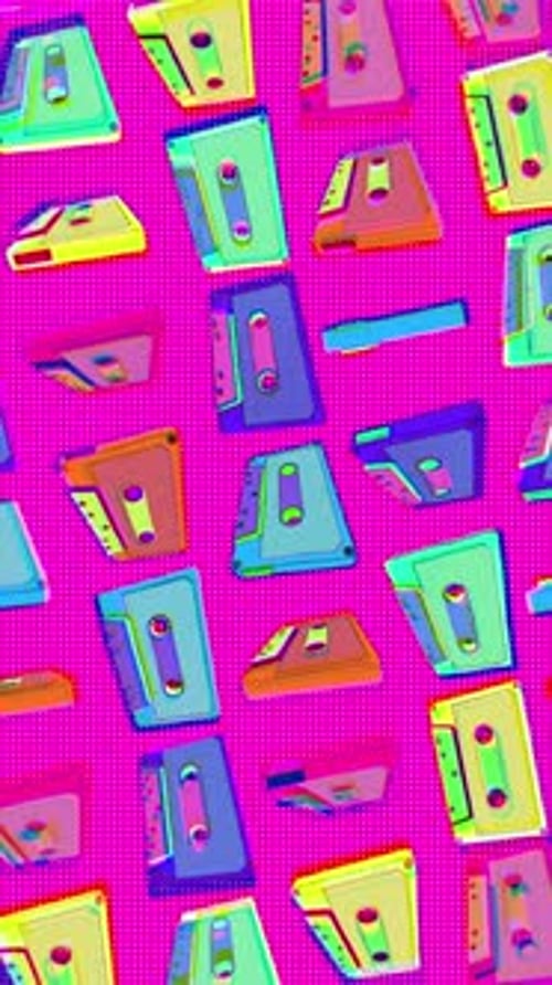 Vibrant Retro Cassette Tapes Pixelated Background Loop Animation
