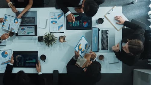 Top view of business people discussing about financial strategy. Directorate.