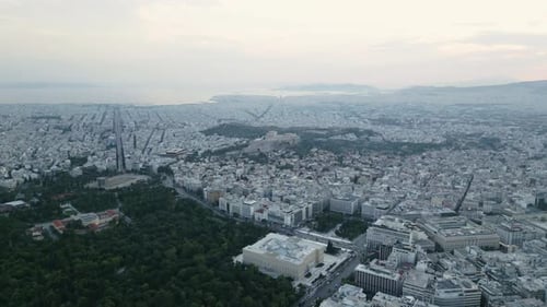 Aerial Panoramic View of Athens with Acropolis at Sunset, Hazy Sky