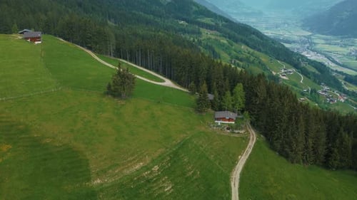 Aerial drone flight at scenic Zillertal skiing sport hiking and trekking vacation mountain valley al