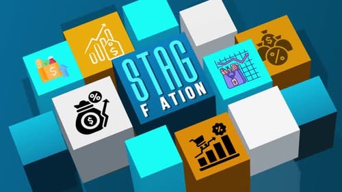 Stagflation Concept: Rotating 3D Blocks with Economic Icons