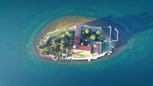 Aerial view of the Lady of the Rocks church and Island of Sveti Djordje in the Kotor Bay near Perast