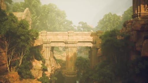 Ancient Stone Bridge Surrounded By Lush Greenery in a Mystical Landscape
