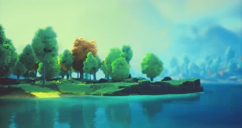 Tranquil Reflection of Vibrant Trees on Serene Water of a Secluded Island