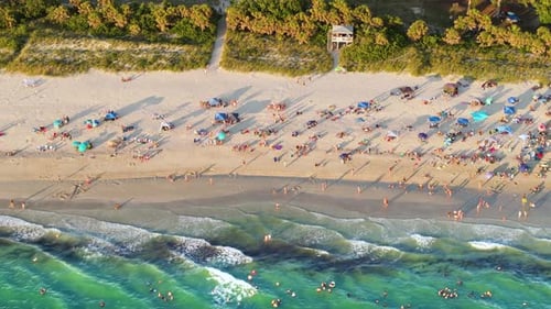 Nokomis Sandy Beach in Sarasota County USA Many Tourists Enjoying Summer Vacation Time Swimming in