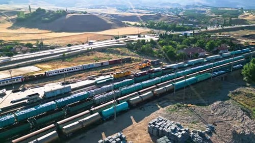 Vintage Train with Cargo Cars - Aerial View