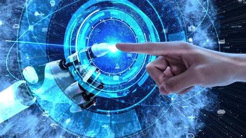 Human and Robot Hands Interacting with Futuristic AI Digital Globe