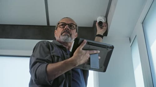 Male Mature Installer Sets Up CCTV Camera in Office Room Using Tablet Computer