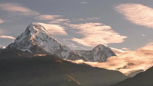 Himalayas Mountains Sunset Timelapse in Nepal, Time Lapse of Snowcapped Snowy Mountain Range with Bi
